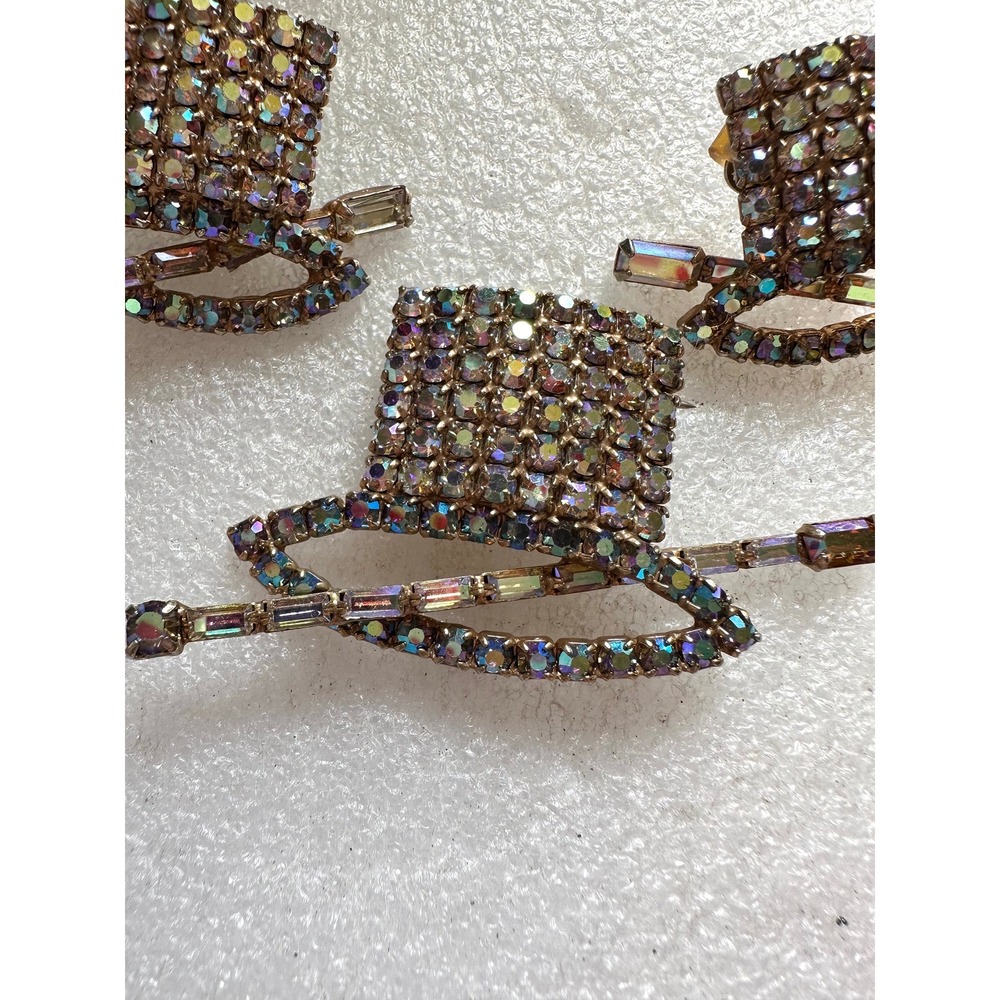 Hobe' Aurora Borealis Rhinestone Pin & Earrings Set Top Hat w/ Cane - Picture 2 of 7